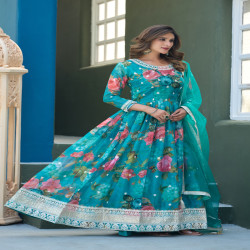 Premium Designer Floral Printed Taby Silk Readymade Gown with Net Dupatta